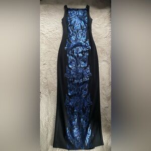 David Meister Women's Black Blue Sequined Gown Maxi Dress Prom Open Back Sz 2